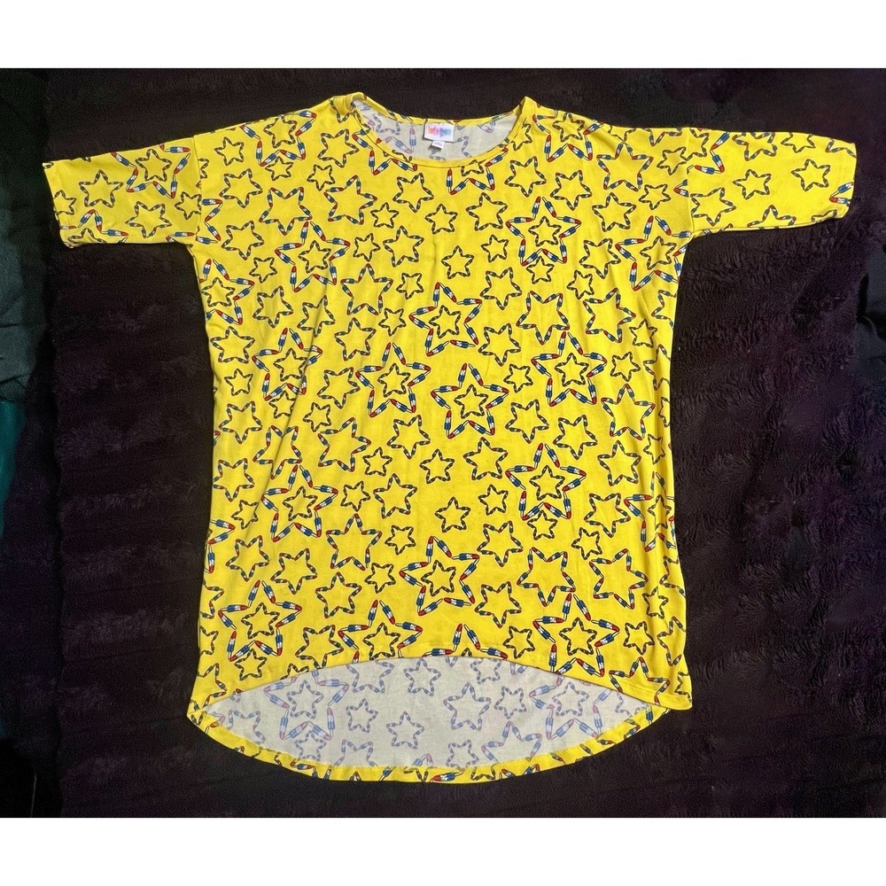 LuLaRoe Irma Tunic Top Medium Yellow Bomb Pop Popsicle Star Print High Low